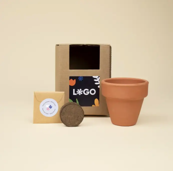COCOT: Kit de plantation d’argile. Boîte en carton avec autocollant blanc. Impression en quadri